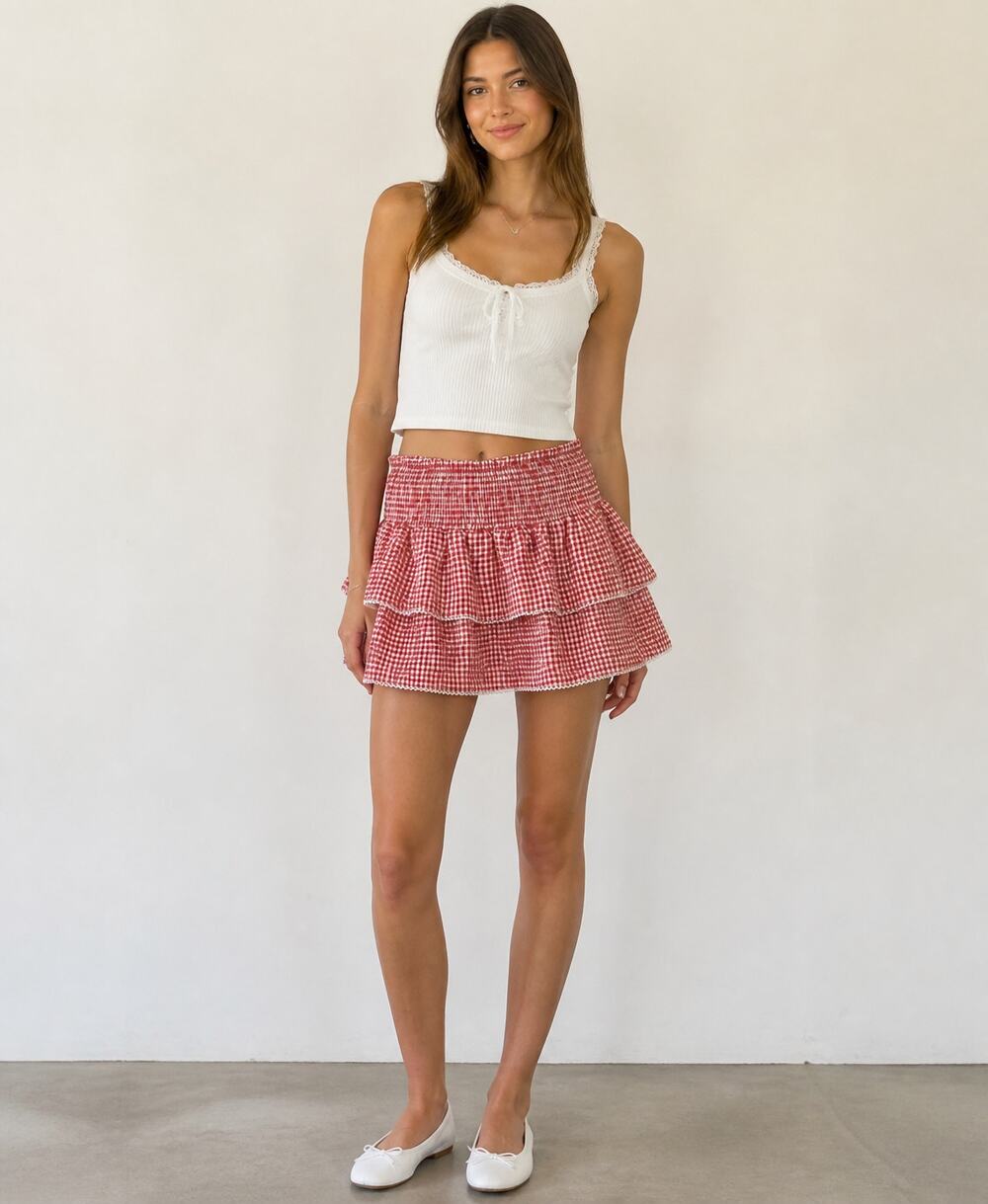 One Clothing Red White Gingham Ruffle Mini Skirt M